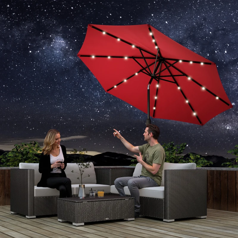 Outsunny Parasol de jardin Parasol droit Parasol Lumineux octogonal inclinable Ø 2,7 m Parasol LED Solaire métal Polyester Haute densité 180 g/m² rouge bordeaux