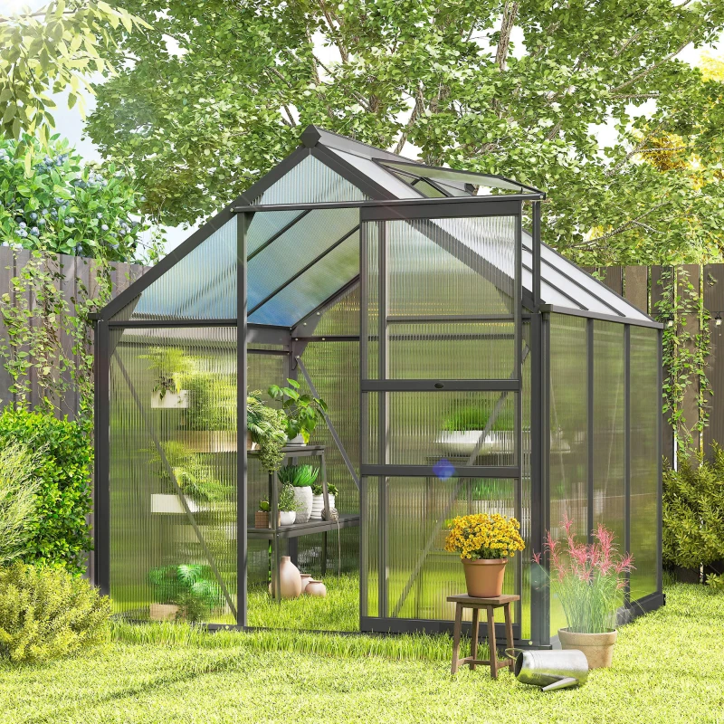 Outsunny 6 x 6ft Polycarbonate Greenhouse, Large Walk-In Green House with Slide Door and Window, Garden Plants Grow House with Aluminium Frame and Foundation, Grey(m-8)