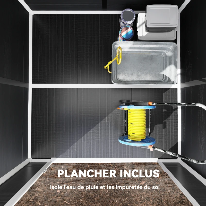 Outsunny Abri de Jardin en Résine Cabanon de Rangement Double Porte 3 Fenêtres et 2 Aérations Anti-UV avec Plancher 3,3 m² Gris
