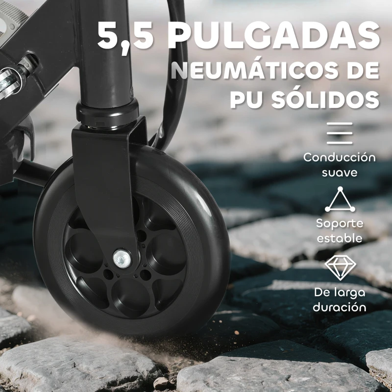 HOMCOM Patinete Eléctrico para Niños de +7 Años Scooter Plegable con Altura Ajustable Batería Recargable 24V Velocidad hasta 12 km/h y Freno Carga 50 kg 74x36x69-91 cm Negro