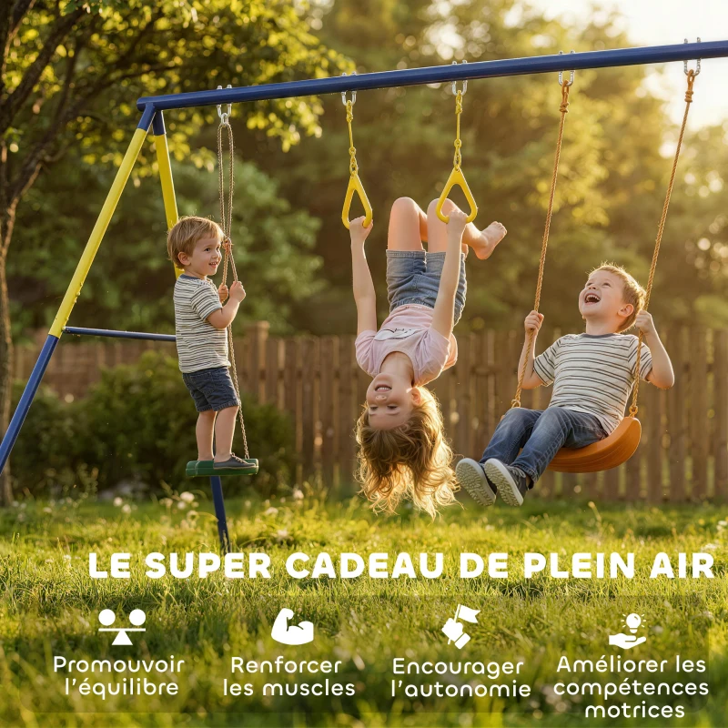 AIYAPLAY Portique Balancoire Exterieur Enfants 3-en-1, Siège de Balancelle, 2 Anneaux Gymnastique et Balançoire à Disque