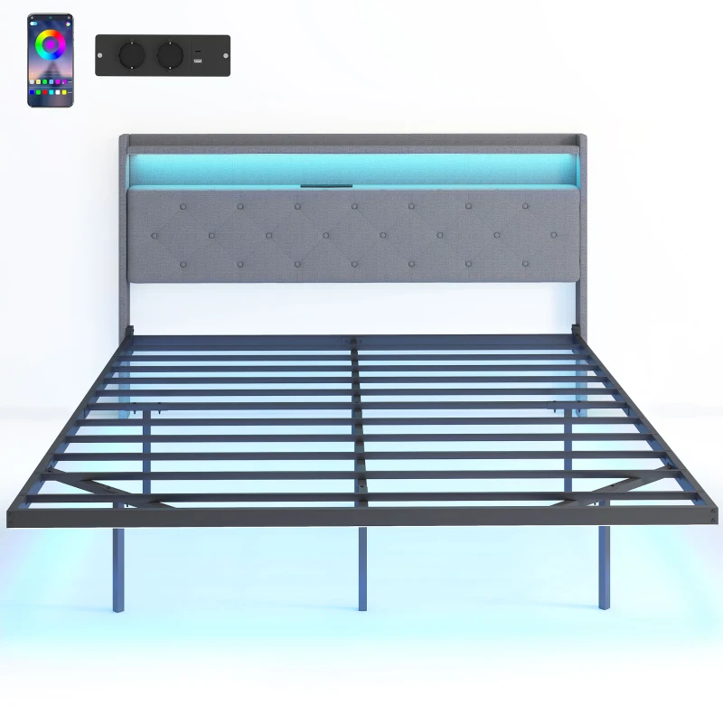 HOMCOM Cadre de lit 160 x 200 cm avec sommier acier, lit 2 personnes flottant avec lumières LED RGB et station de charge, gris