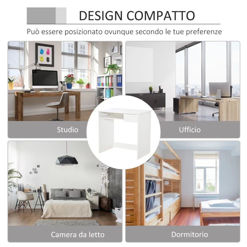 HOMCOM Scrivania Ufficio, 80x45x75 cm Scrivania Salvaspazio con Vassoio Tastiera, Cassetto per Documenti, Bianco