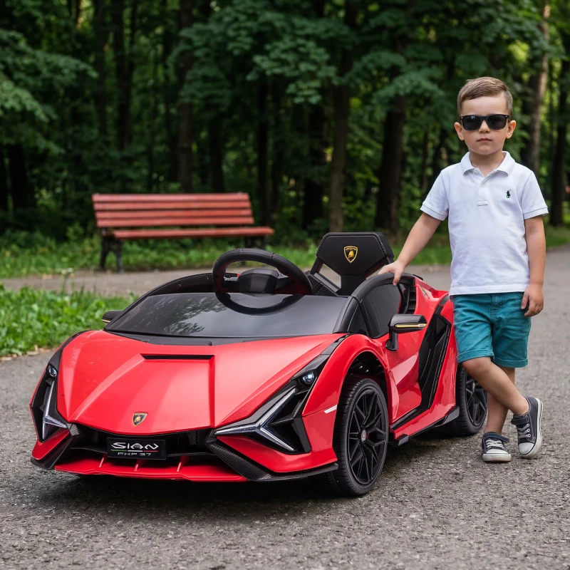 HOMCOM Masina electrica pentru copii 12V Lamborghini cu faruri si muzica, telecomanda si viteza 3-8 km/h, 108x62x40cm, Rosie