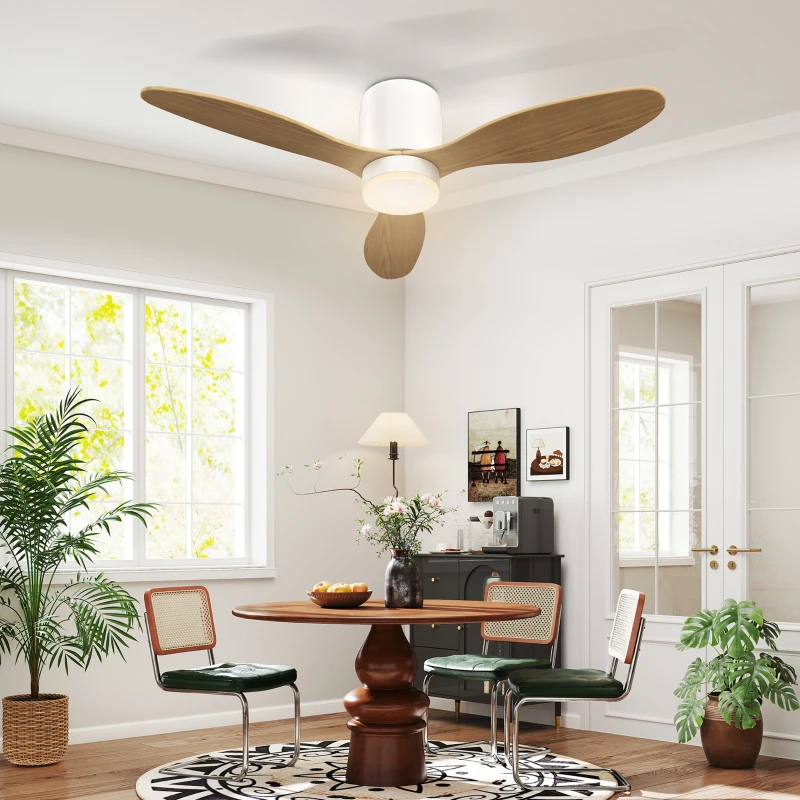 HOMCOM Ventilateur de plafond avec lumière réglable et télécommande 115 cm, 3 couleurs, 3 pales, 6 vitesses, minuterie, naturel