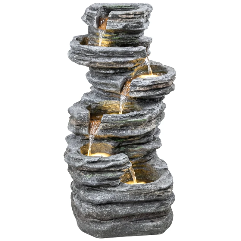 Outsunny Outdoor Fountain, 6-Tier Cascading Waterfall Feature with LED Lights, Resin Freestanding Garden Fountain, Grey