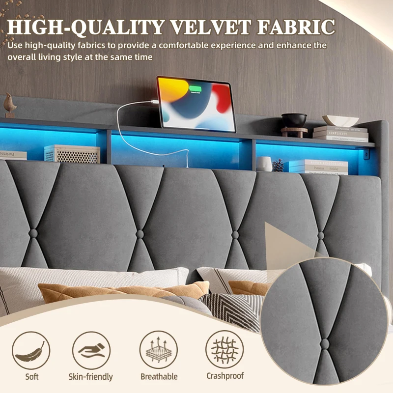 Hydraulic Storage Bed Frame with LED Lighting and USB Type-C Charging, Stylish Bed with Open Shelf, 158L x 221W x 116.5H cm, Dark Gray