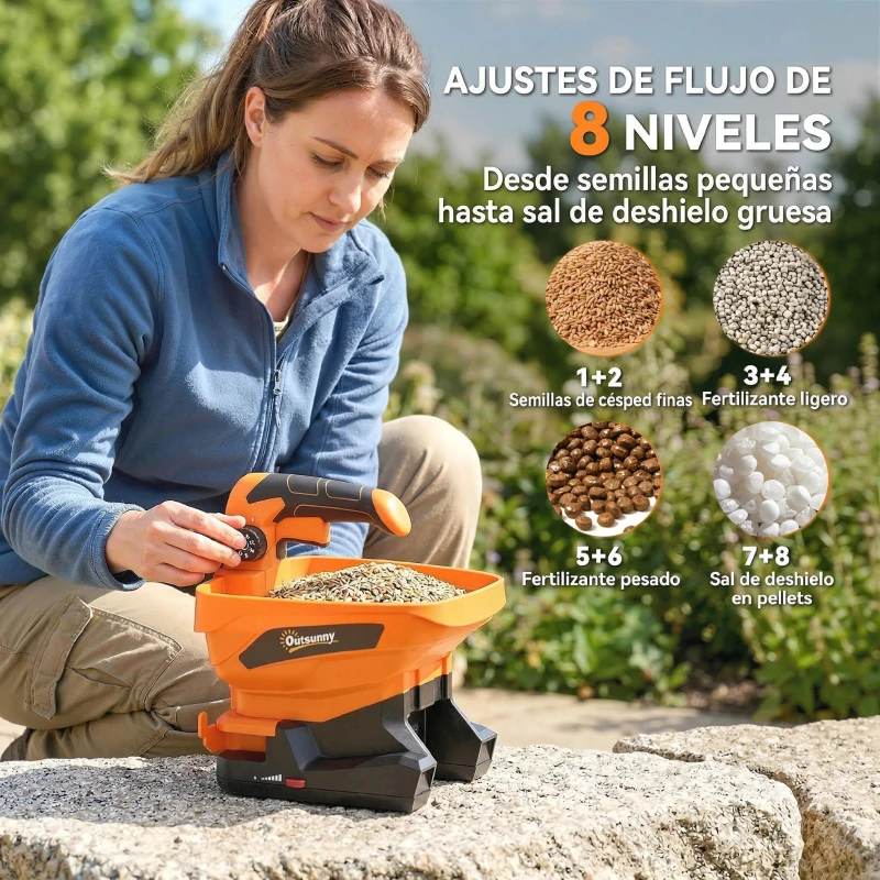Outsunny Esparcidor Portátil 3,3 L 8 Niveles de Flujo Ancho Dispersión Ajustable Puerto USB para Césped Sal hasta 800 m² Naranja