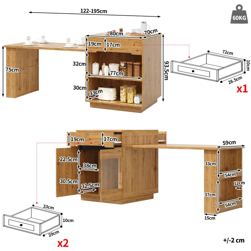 Versatile Kitchen Island with Extendable Table and 2 Drawers, Stylish Storage Cabinet for Dining Areas, 122-195L x 70W x 93.5H cm, Wood