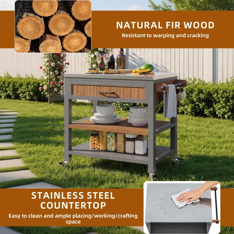 Mobile Wood Tool Cabinet with Stainless Steel Worktop, Weatherproof Barbecue Station for Outdoor Use, 80L x 51W x 91.5H cm, Natural