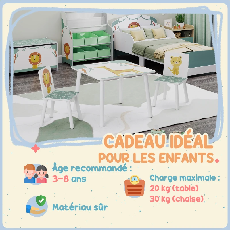 AIYAPLAY Table enfant avec chaise, ensemble table et 2 chaises enfant en bois, motifs animaux, 60 x 60 x 44 cm, vert