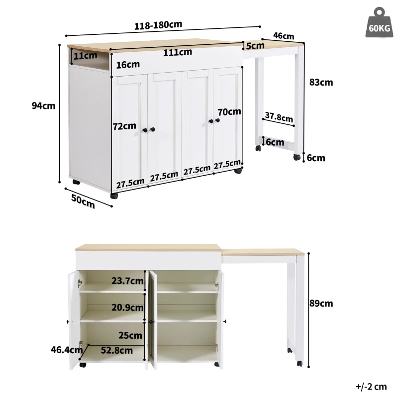 Modern Bar Table with 6 Adjustable Shelves and Storage Cabinet, Extendable Dining Table for 4–6 People, 118-180L x 50W x 94H cm, White