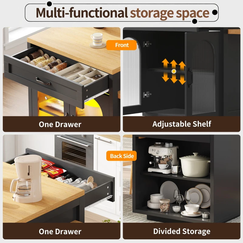 Extendable Kitchen Island with App-Controlled RGB LED Lighting, Versatile Cabinet for Dining or Preparation, 126-196L x 59W x 94H cm, Black