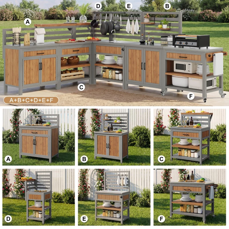 Outdoor BBQ Side Table with Stainless Steel Worktop, Mobile Garden Cabinet with Lockable Castors, 404L x 134.5W x 148.5H cm, Natural