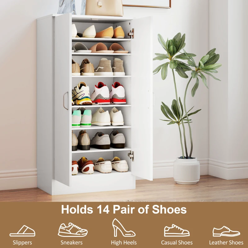 HOMCOM Shoe Cabinet with Silent Hinges, Adjustable Shelves, 6-Tier Shoe Storage Cabinet for Entryway, Hallway, for 14 Pairs, 55 x 35 x 108 cm, White