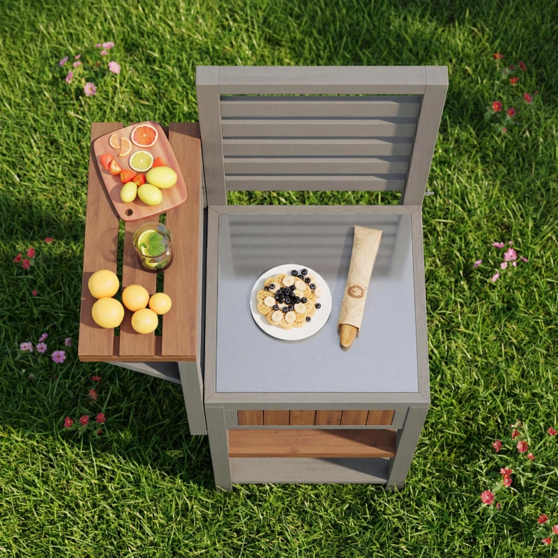 Wooden Garden Cabinet with Stainless Steel Worktop & 2-Tier Shelving, Versatile Sideboard for Patio or Balcony, 74L x 54W x 149H cm, Natural