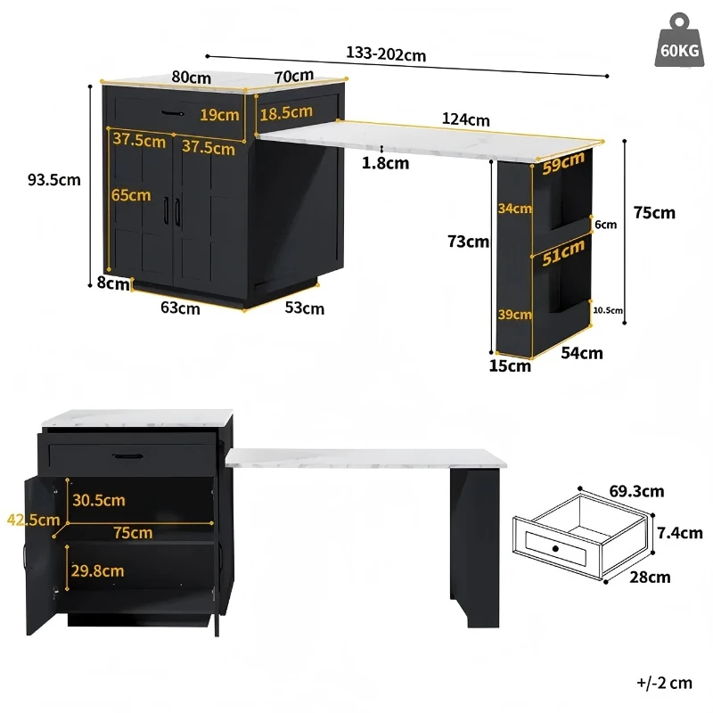 Extendable Bar Table with 2 Drawers and 4 Compartments, Expandable Kitchen Island for 2–6 People, 133-202L x 70W x 93.5H cm, Black