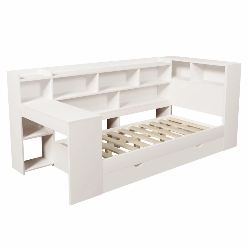 Multi-Functional Single Daybed with Bookcase & Computer Desk, Space-Saving Bed Frame with Ergonomic Desk, 63L x 114W x 100H cm, White