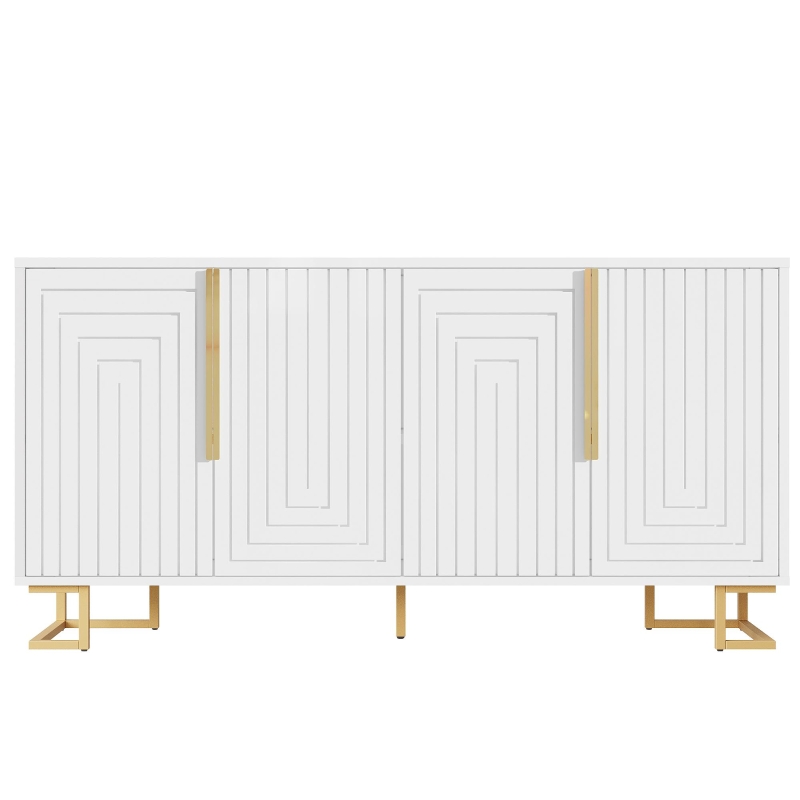 Stylish Sideboard with 2 Doors, 4 Shelves and Geometric Door Design, Durable Cabinet with Slim Metal Feet, 152L x 40W x 75H cm, White
