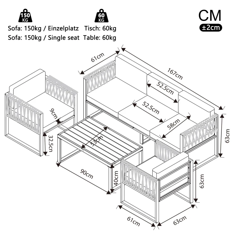 Stylish Garden Furniture Set with Galvanised Metal Frame, Comfortable Garden Sofa Set for 5 People, 167L x 61W x 63H, Gray