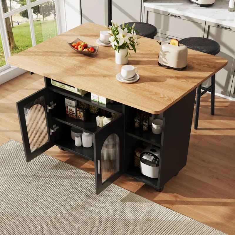 Mobile Kitchen Island with Folding Dining Tops and Storage, Multifunctional Dining Trolley for Modern Homes, 120L x 30-70W x 79.5H cm, Black