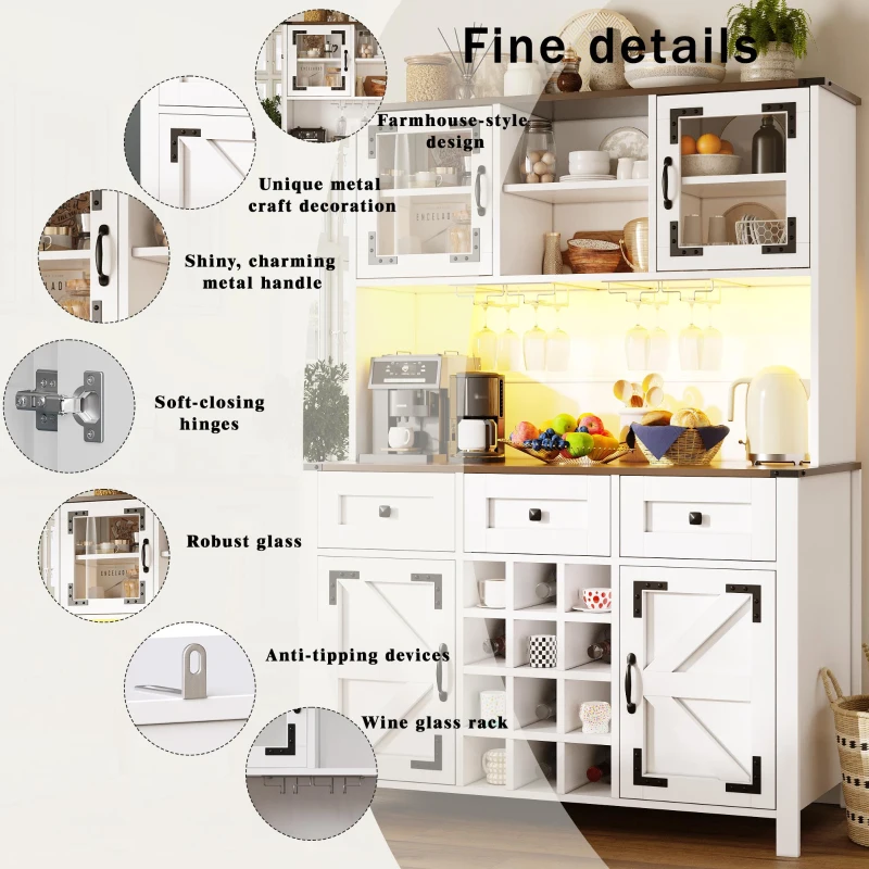Tall Kitchen Cabinet with Integrated 2 AC + 2 USB Power Strip, Modern Sideboard with 4 Doors & 3 Drawers, 120L x 40W x 170H cm, White