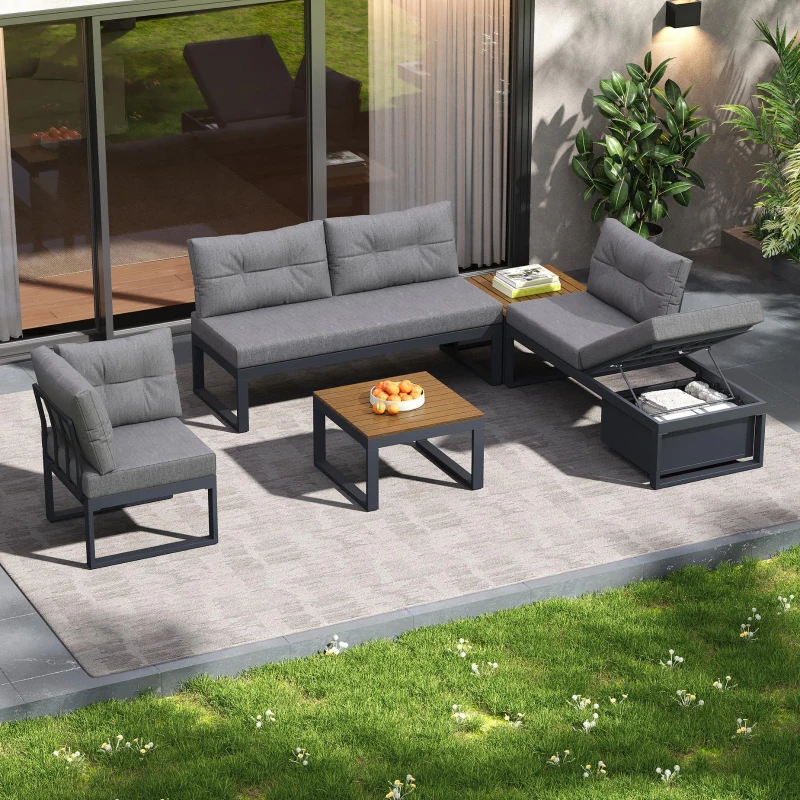 Gartenmöbelset mit verstellbaren Rückenlehnen und Liegefunktion, verstecktem Stauraum, für Terrasse, Balkon und Garten, Dunkelgrau