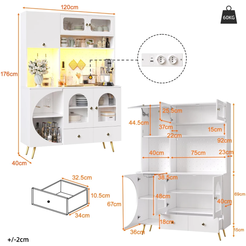 Tall Kitchen Cabinet with Built‑In Power Outlets & 2 USB Ports, Modern Sideboard with App-Controlled LED, 120L x 40W x 176H cm, White