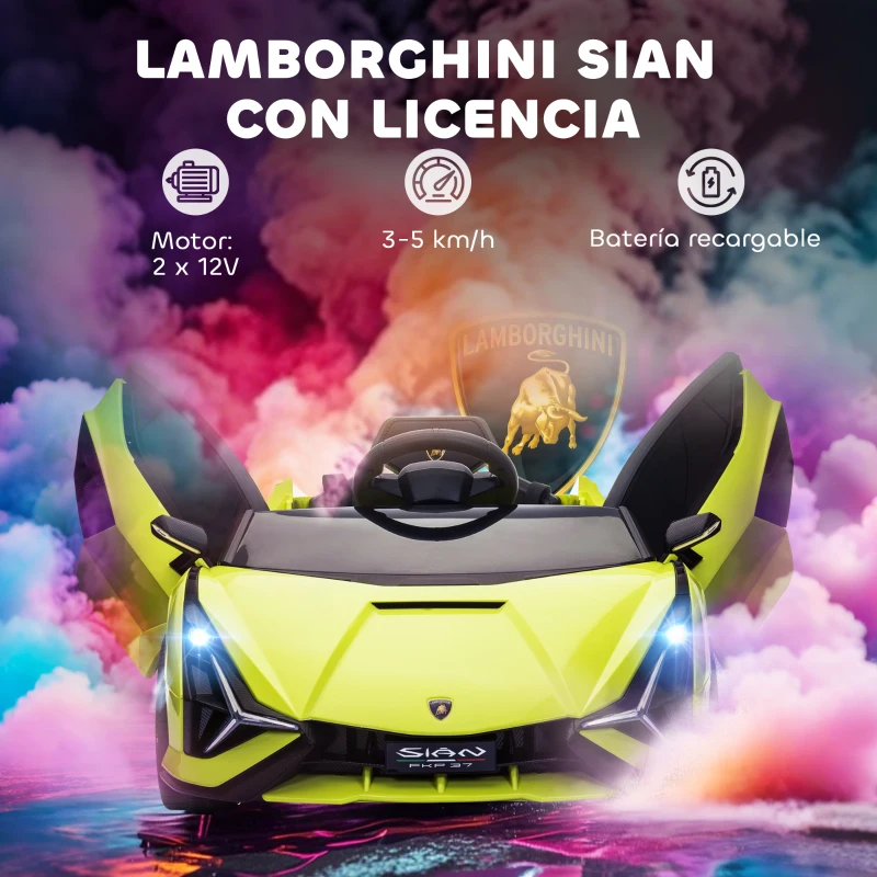 HOMCOM Coche Eléctrico para Niños de +3 Años Lamborghini SIAN Coche de Batería 12V con Mando a Distancia Apertura de Puerta Música MP3 USB y Faros 3-5 km/h 108x62x40 cm Verde