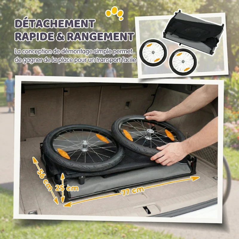 PawHut Remorque Vélo Chien avec Pneus 20", Attache Universelle, Réflecteurs, Drapeau, Laisse, 139x72x88cm, Gris et Noir