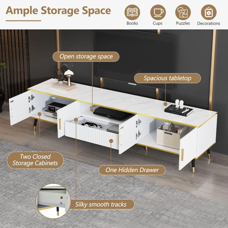 Modern TV Entertainment Center with 4 Doors & Drawer, Spacious TV Stand for Living Room or Bedroom, 200L x 40W x 46H cm, White