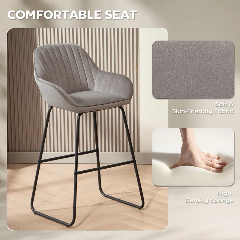 HOMCOM Bar Stools Set of 2, Velvet Upholstered Breakfast Barstools with Footrest and Armrest, Kitchen High Stools with Metal Legs for Home Bar, Kitchen Islands, Grey