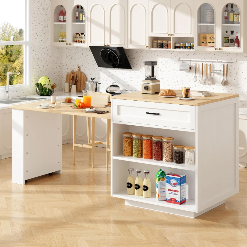 Extendable Bar Table with 2 Compartments and Side Spice Rack, Expandable Kitchen Island for 2–6 People, 133-202L x 70W x 93.5H cm, White