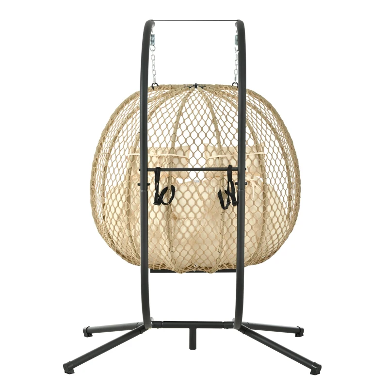 Eiförmiger Hängesessel mit Ständer, Schaukelstuhl mit verstellbarer Fußstütze, Gartenhängstuhl mit Sitzauflage & Kissen, 140 x 94 x 197 cm, Beige