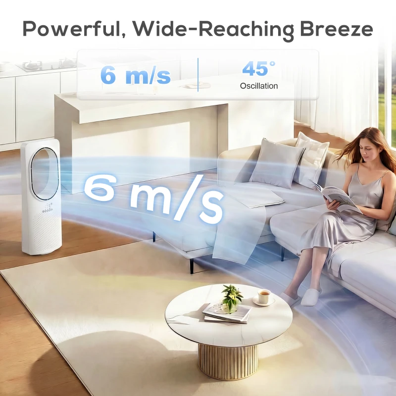 HOMCOM Bladeless Tower Fan for Bedroom, 36dB Standing Cooling Fan with Oscillating, 3 Speeds, 3 Modes, 15H Timer, White