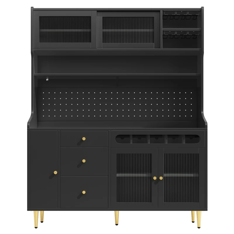 Modern Highboard with LED Lighting & Adjustable Shelves, Freestanding Cabinet with Pull-Out Wine Rack, 145L x 39W x 171H cm, Black