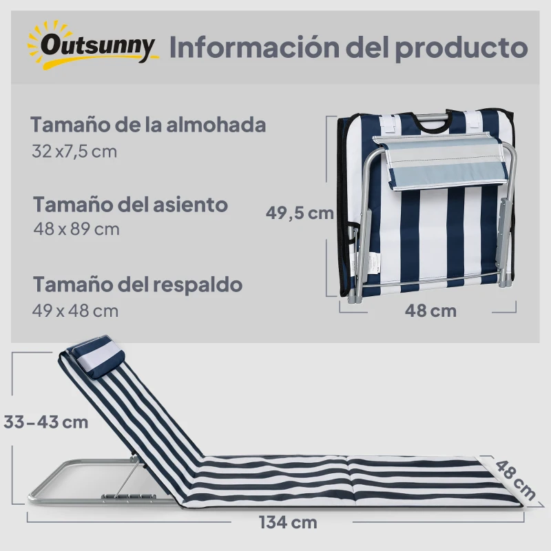 Outsunny Conjunto de 2 Esterillas con Respaldo Reclinable Reposacabezas y Bolsa de Transporte 134x48x33-43 cm Blanco y Azul