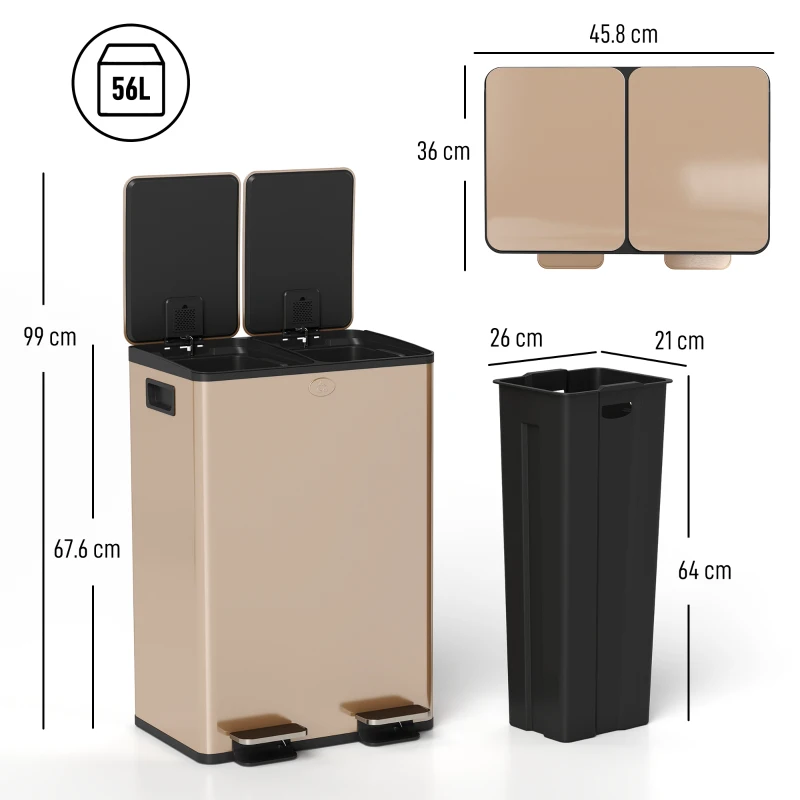 HOMCOM Coș de bucătărie 2 compartimente de 2 x 28 l, oțel inoxidabil, capac cu închidere silențioasă, 45,8x36x67,6cm, auriu