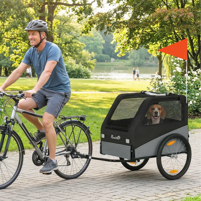 PawHut Remorque Vélo Chien avec Pneus 20", Attache Universelle, Réflecteurs, Drapeau, Laisse, 139x72x88cm, Gris et Noir