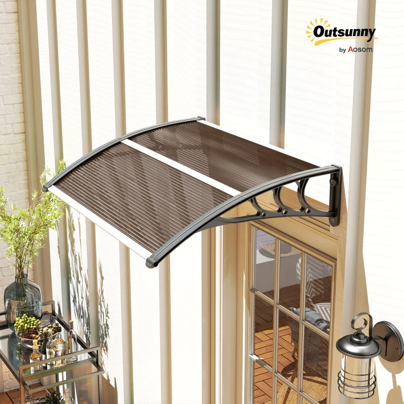 Outsunny Curved Window Door Canopy Aluminium Rigid Plastic Polycarbonate Fixed Outdoor Awning Modern Design UV Water Rain Resist 100 x 75cm Brown(m-13)