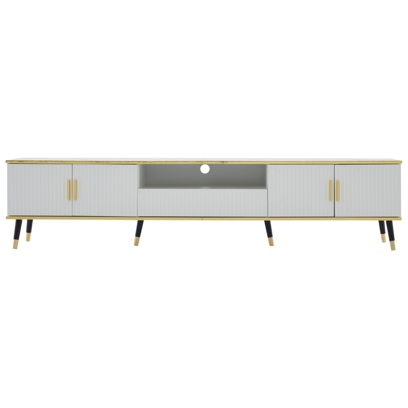 Modern TV Entertainment Center with 4 Doors & Drawer, Spacious TV Stand for Living Room or Bedroom, 200L x 40W x 46H cm, White