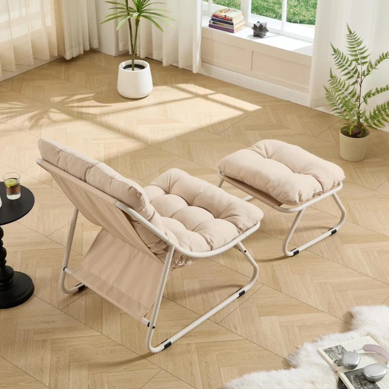 Poltrona lounge da esterno con pouf, cuscino imbottito, tessuto sling, struttura in acciaio, Beige