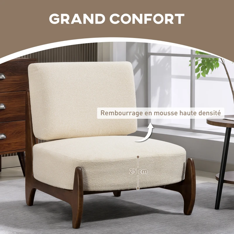HOMCOM Fauteuil salon en chenille, fauteuil chambre confortable, coussin épais, assise rembourrée, 72 x 73,5 x 81 cm, crème