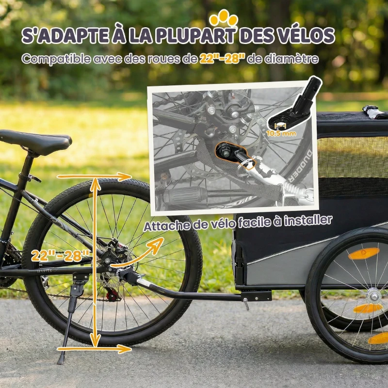 PawHut Remorque Vélo Chien avec Pneus 20", Attache Universelle, Réflecteurs, Drapeau, Laisse, 139x72x88cm, Gris et Noir