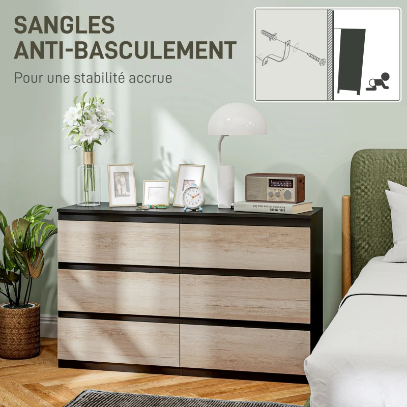 HOMCOM Commode 6 tiroirs meuble de rangement sans poignées design minimaliste 120 x 39 x 75 cm noir et bois naturel