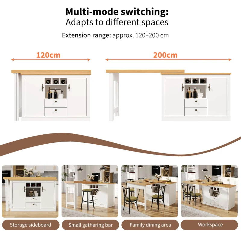 Extendable Bar Table with Smart Pull-Out System, Multifunctional Sideboard with Adjustable Compartments, 120-180L x 40W x 76H cm, White