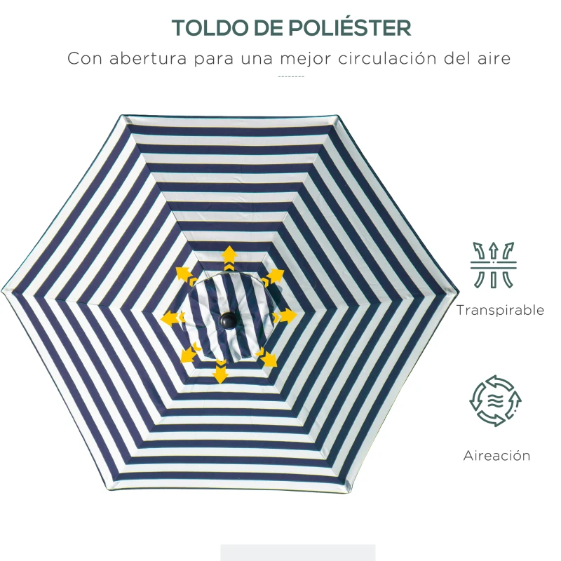Outsunny Sombrilla de Jardín Ø230x216 cm con Apertura Manual Ángulo Ajustable e Impermeable para Terraza Piscina Azul y Blanco