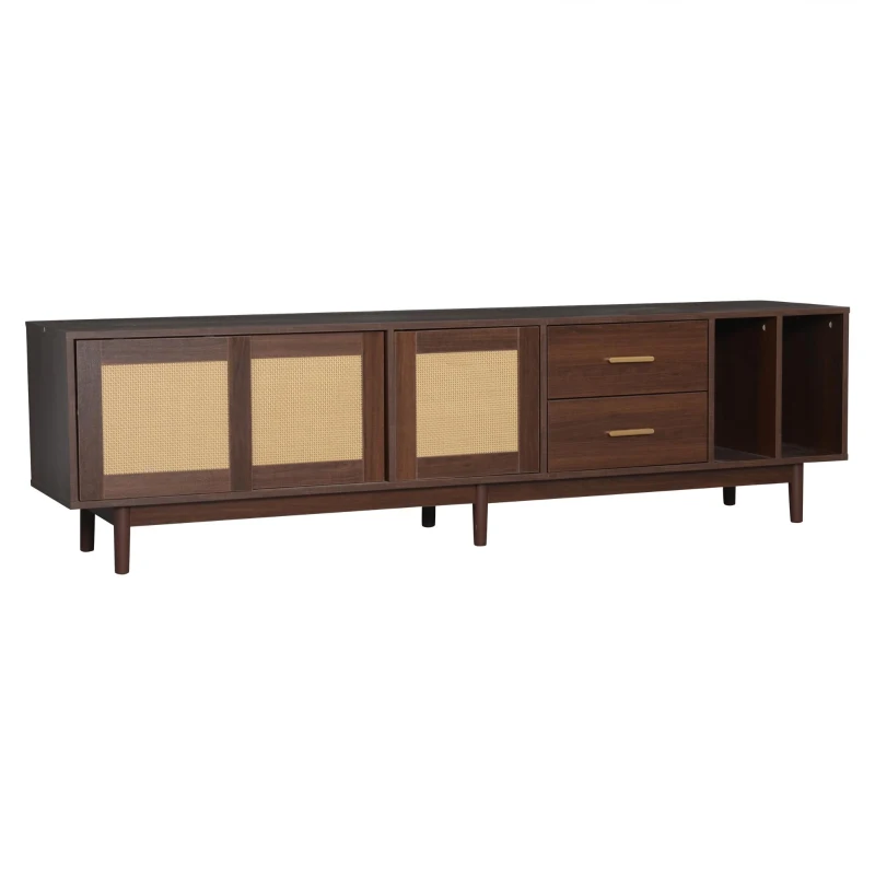 Stylish TV Stand Cabinet with Rattan Sliding Doors & 2 Drawers, Sturdy Media Console with Ample Storage, 190L x 40W x 52H cm, Wood