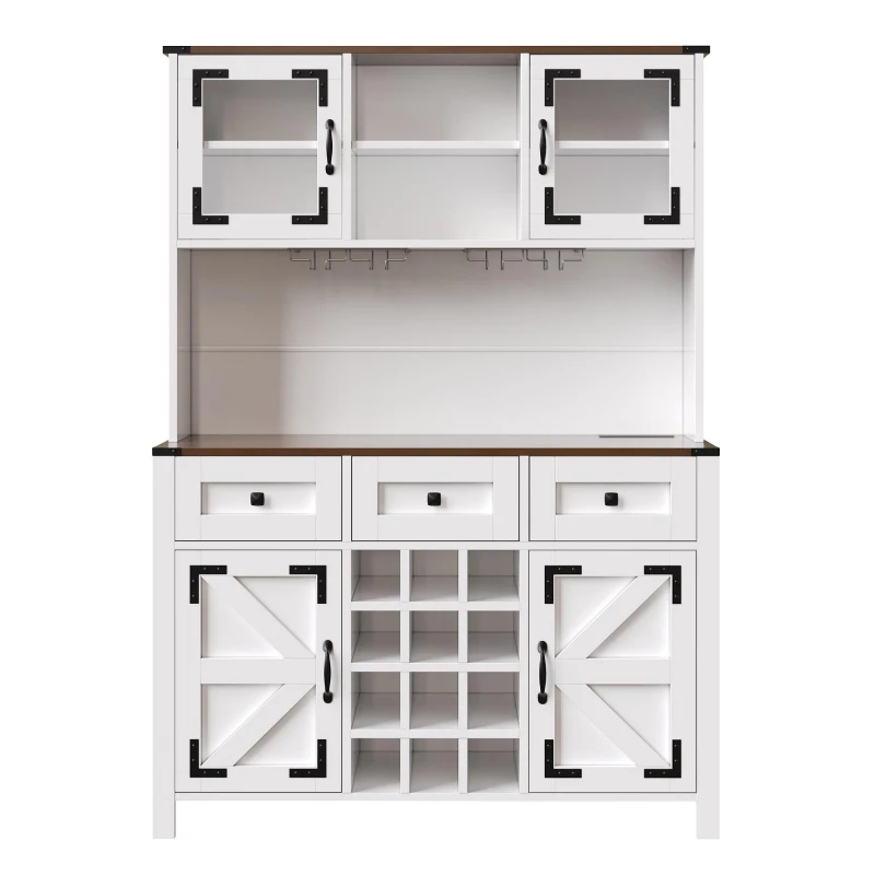 Tall Kitchen Cabinet with Integrated 2 AC + 2 USB Power Strip, Modern Sideboard with 4 Doors & 3 Drawers, 120L x 40W x 170H cm, White