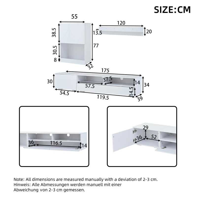 3-Piece TV Wall Unit Set with App-Controlled LED Lights, High-Gloss TV Cabinet Set for Modern Living Areas, 175L x 39W x 34H cm, White